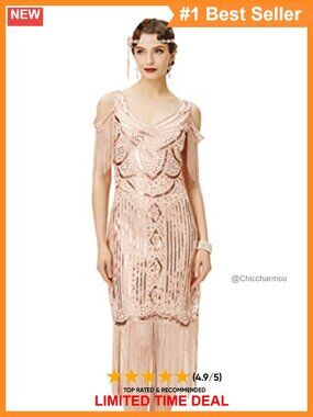 1920s Flapper Dress Sequin Beaded Fringe V-Neck Gatsby Party